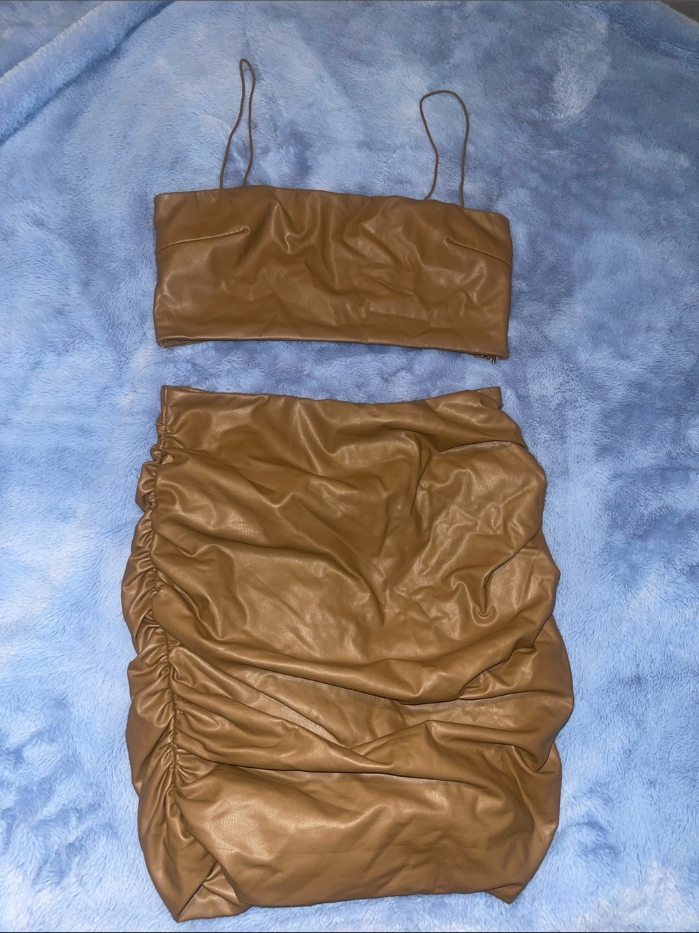 Fashion Nova Brown Ruched Faux Leather Skirt Set